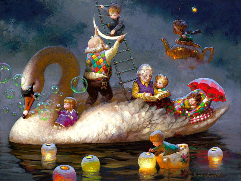 Children on a Swan Boat — White