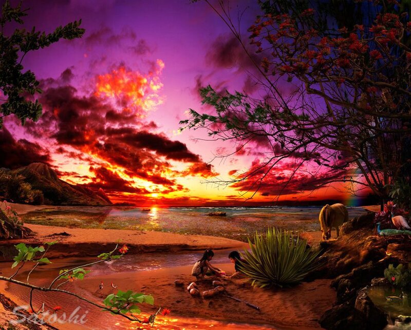 Children on Beach at Sunset — Purple