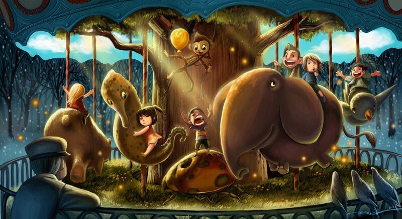 Children on Carousel — Blue, Whimsical
