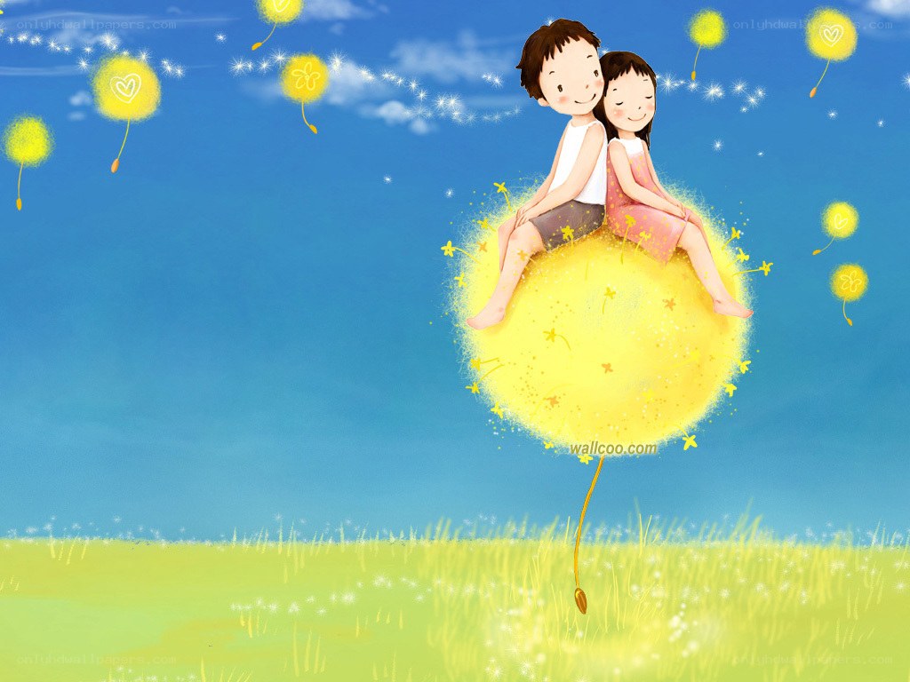 children on dandelion in sky