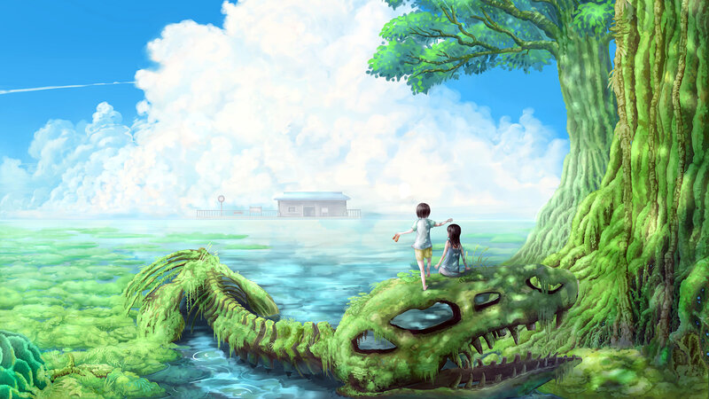 Children on Dinosaur Skull — Green
