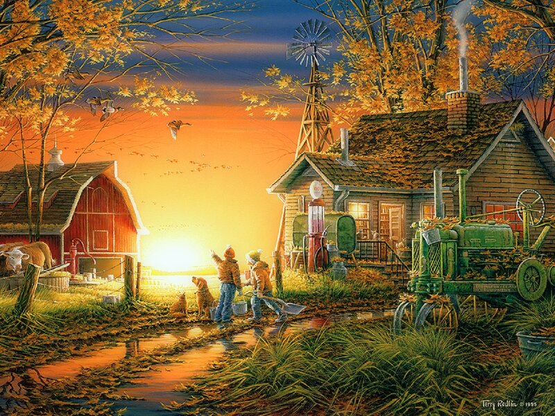 Children on Farm at Sunset — Orange