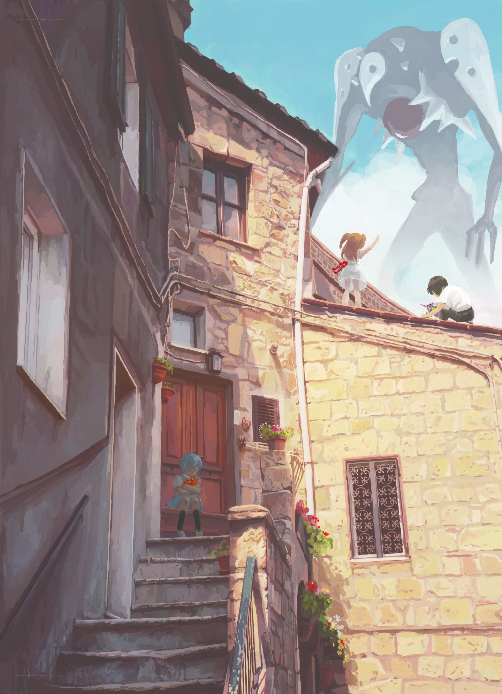 Children on rooftops with giant monster