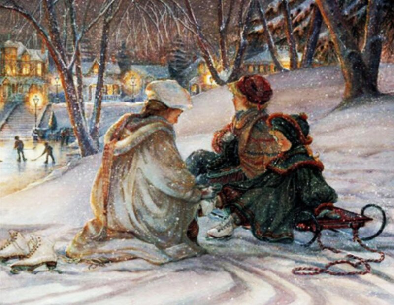 Children on Sled in Snow — White, Peaceful