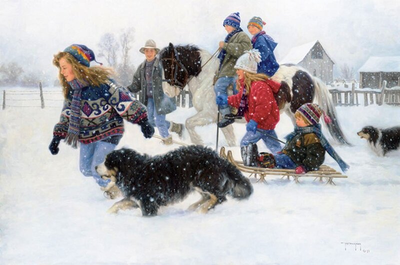 Children on Sled in Snow — White, Playful