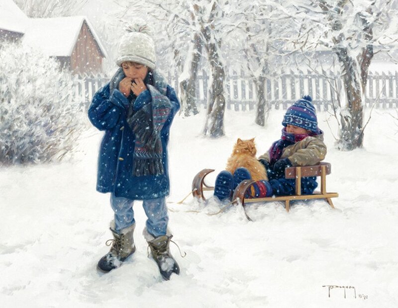 Children on Sled in Snow — White