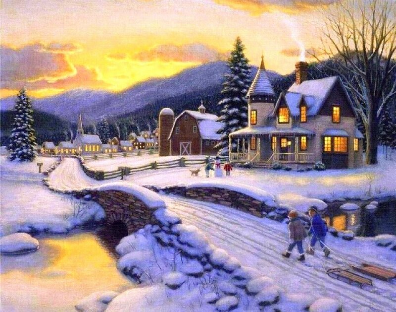 Children on Sleds in Snow — White, Peaceful