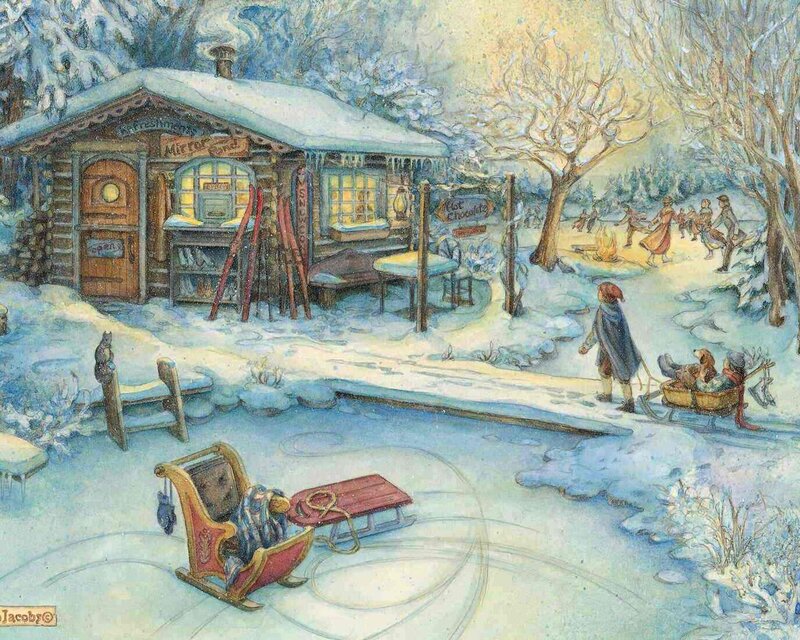 Children on Sleds in Snow — White