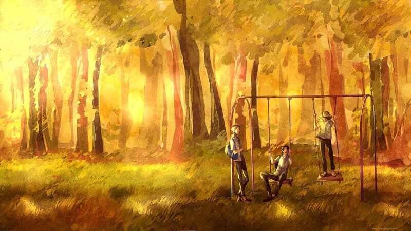 Children on swings in autumn forest