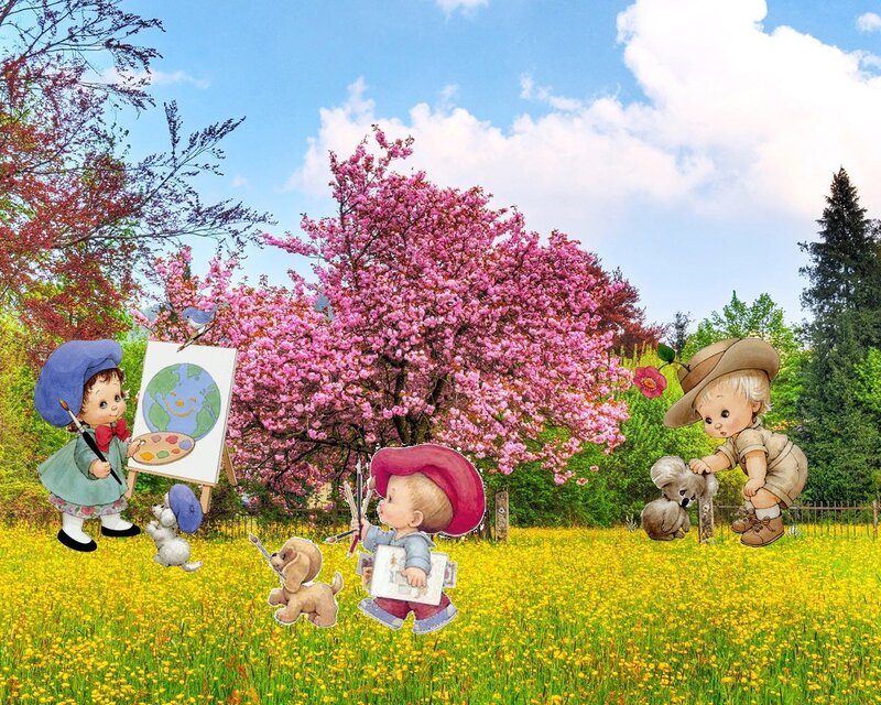 Children painting in a spring field