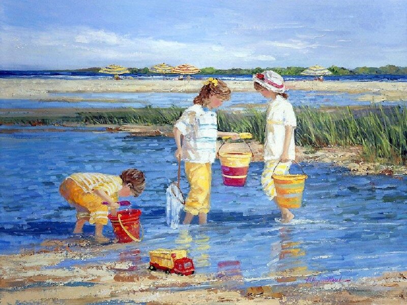 Children Playing at Beach — Blue