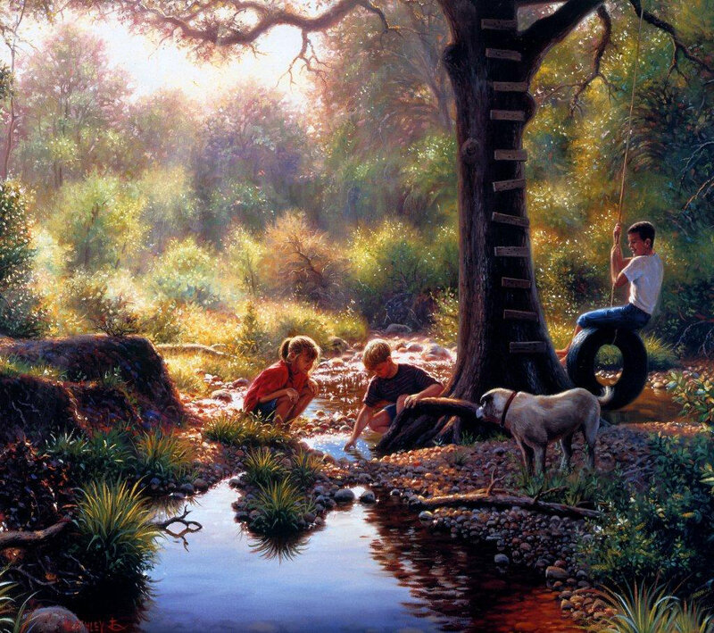 Children playing by a creek