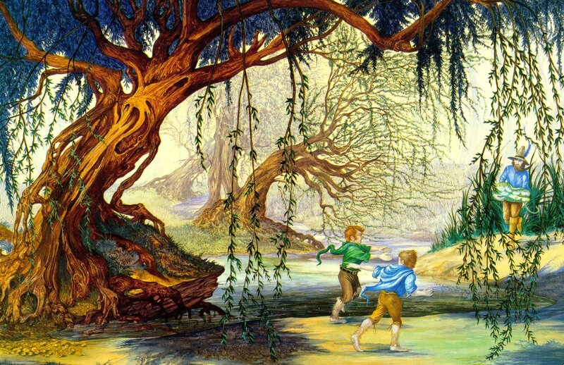 Children playing by a willow tree