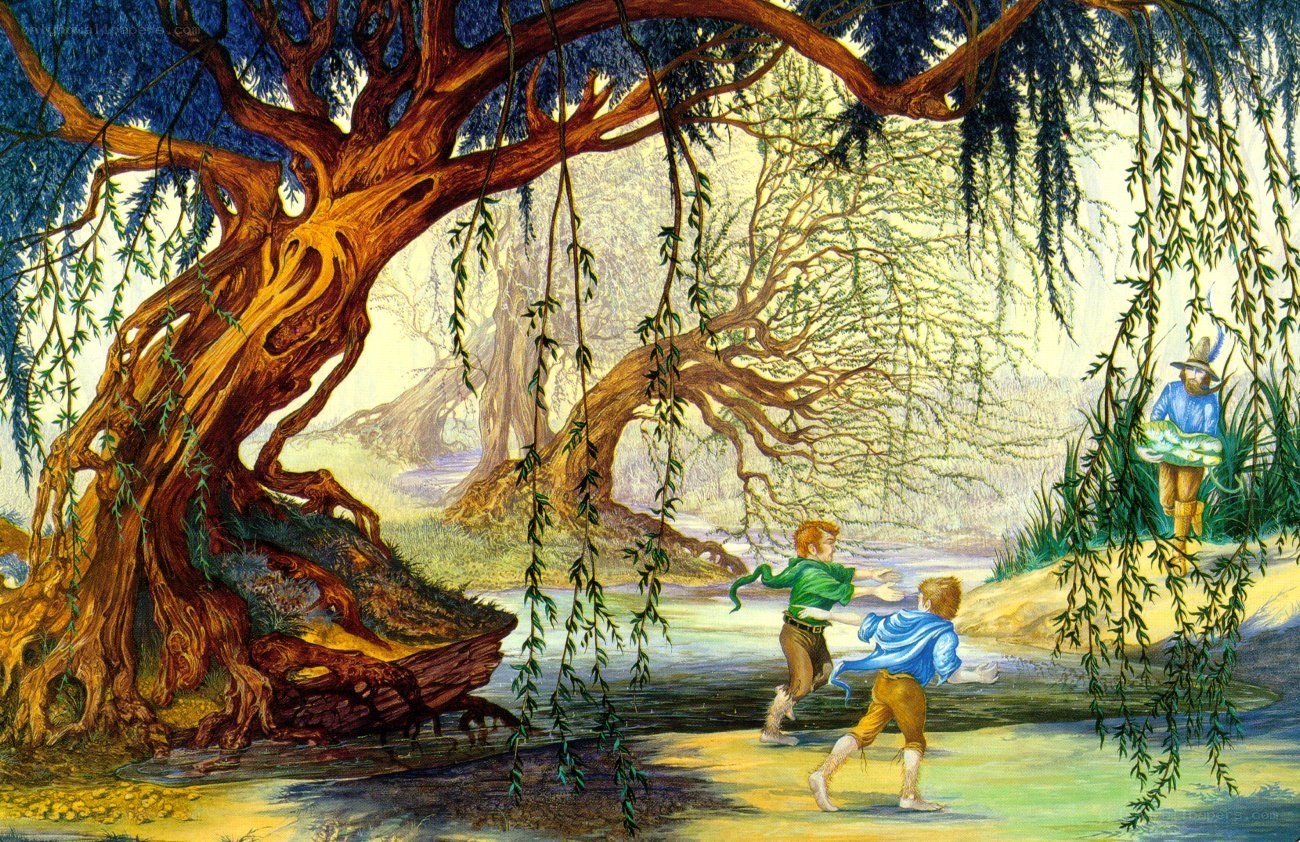 Children playing by a willow tree