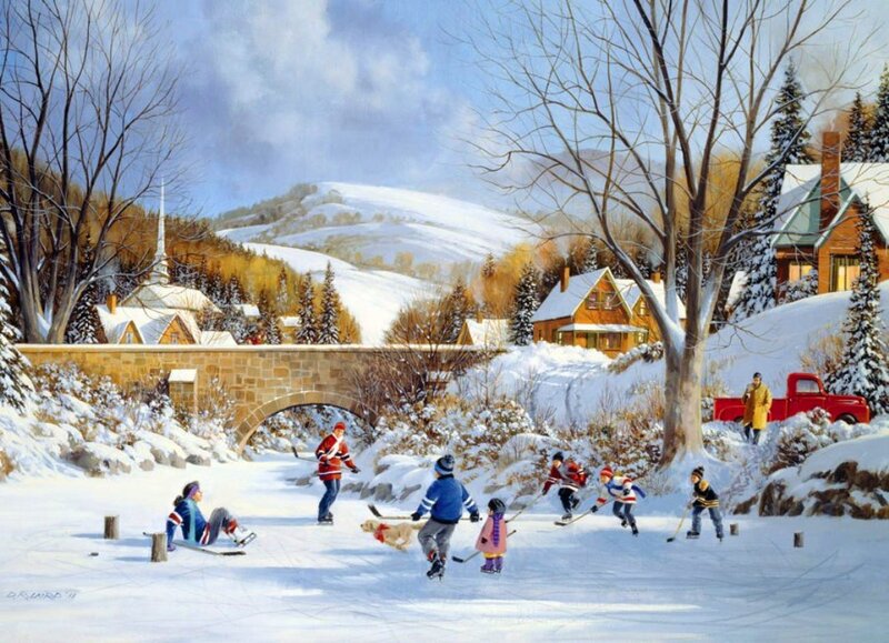 Children Playing Hockey — White, Peaceful, Winter, Painting