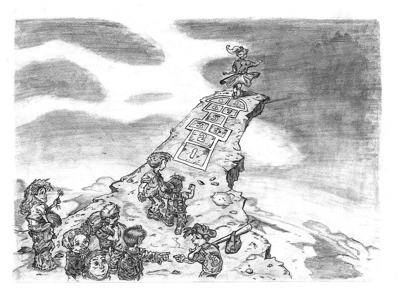 Children playing hopscotch on a cliff