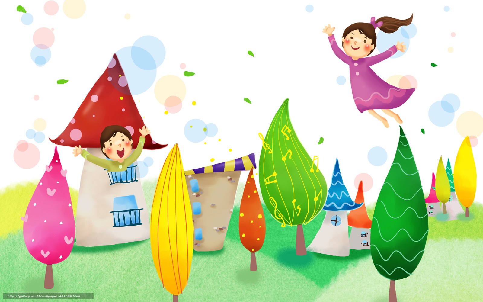 Children playing in a colorful forest