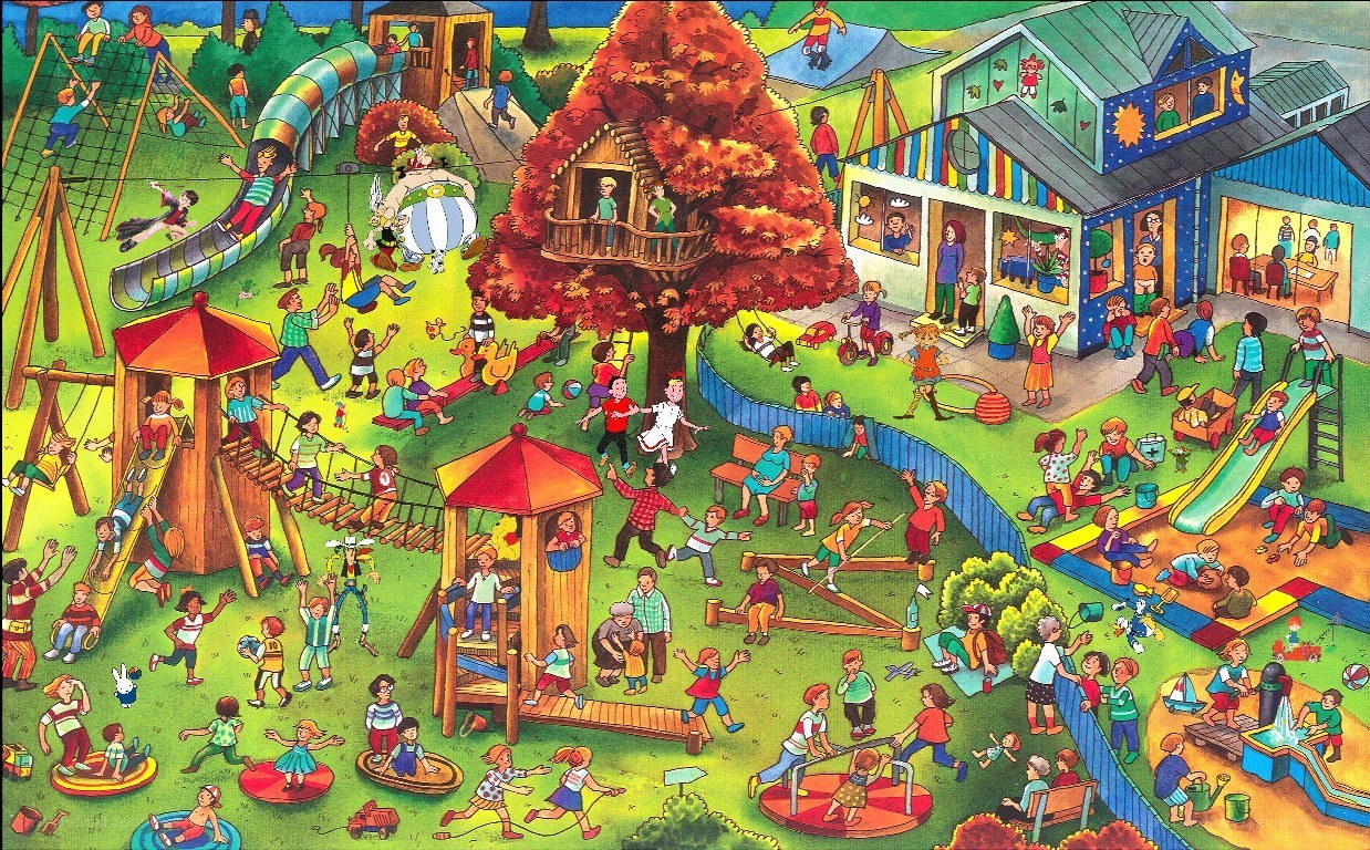 Children playing in a colorful playground