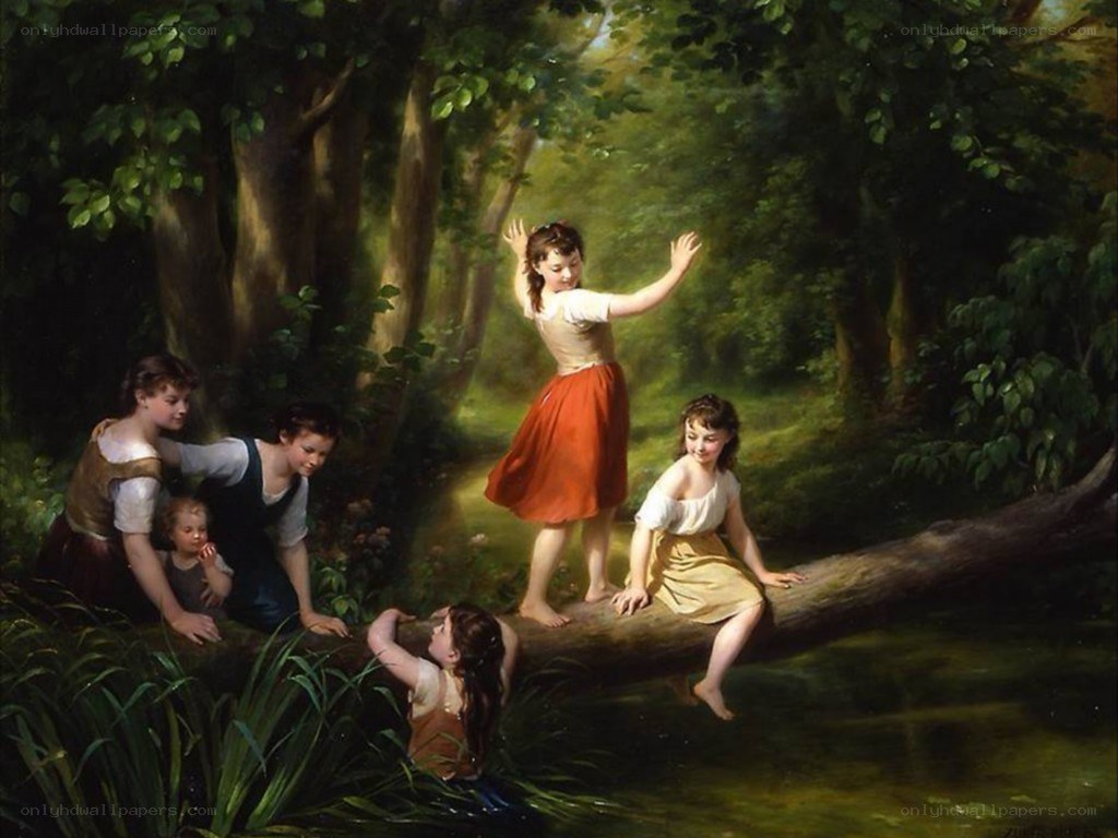 Children playing in a forest