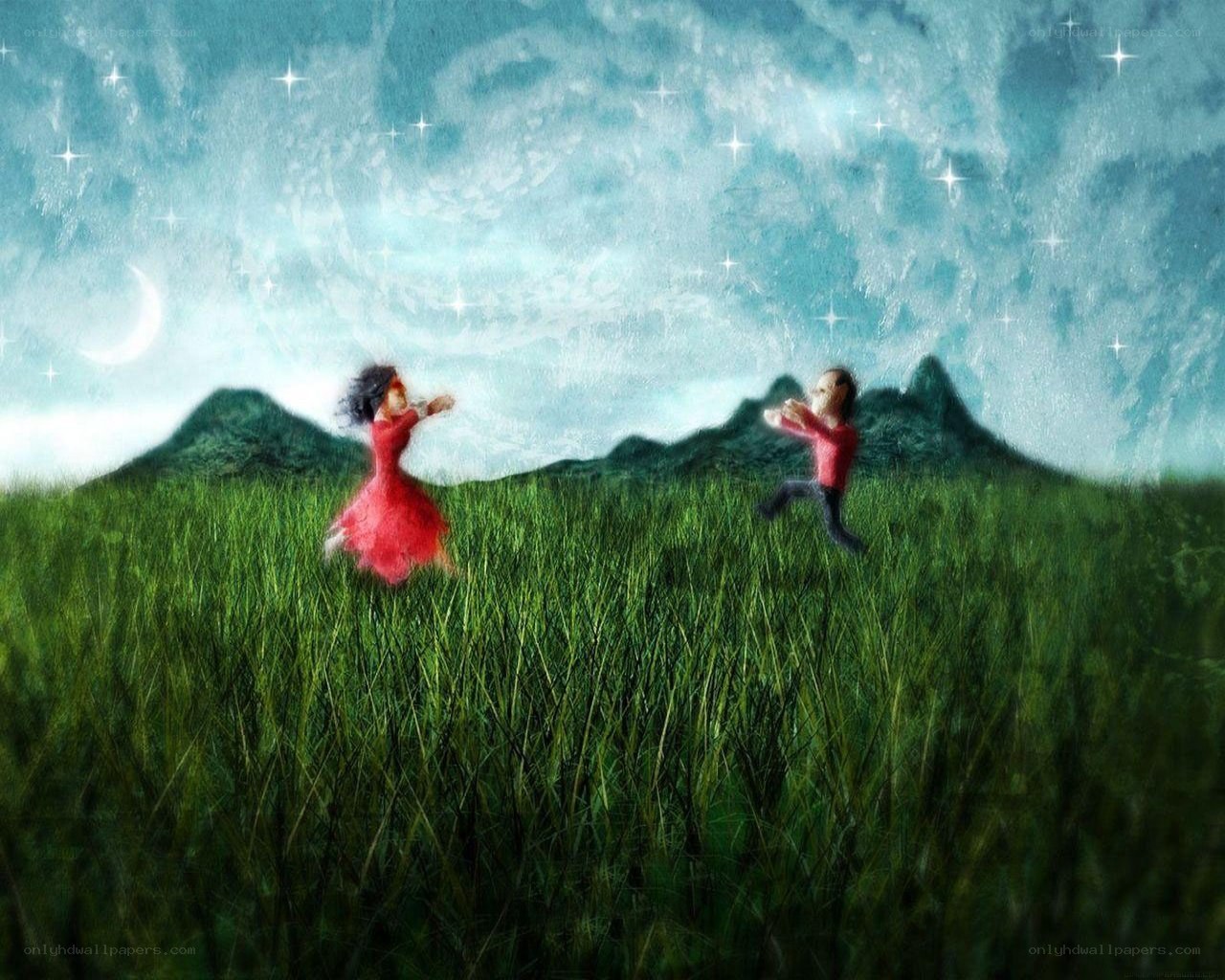 Children playing in a starry field