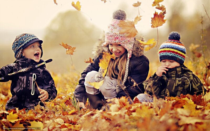 Children playing in autumn leaves