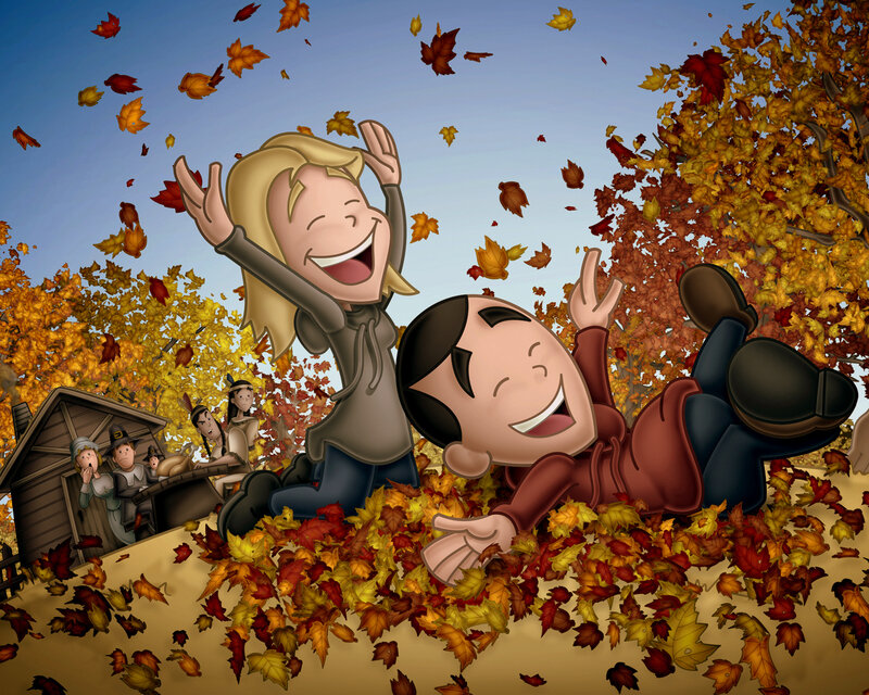Children playing in autumn leaves