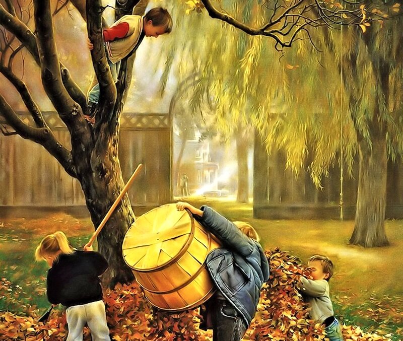 Children Playing in Leaves — Yellow
