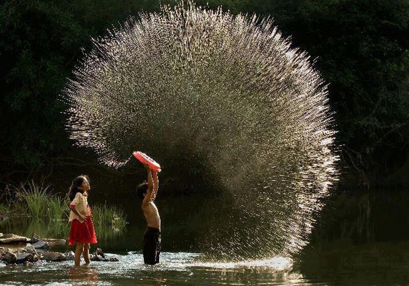 Children Playing in River — Green, Playful