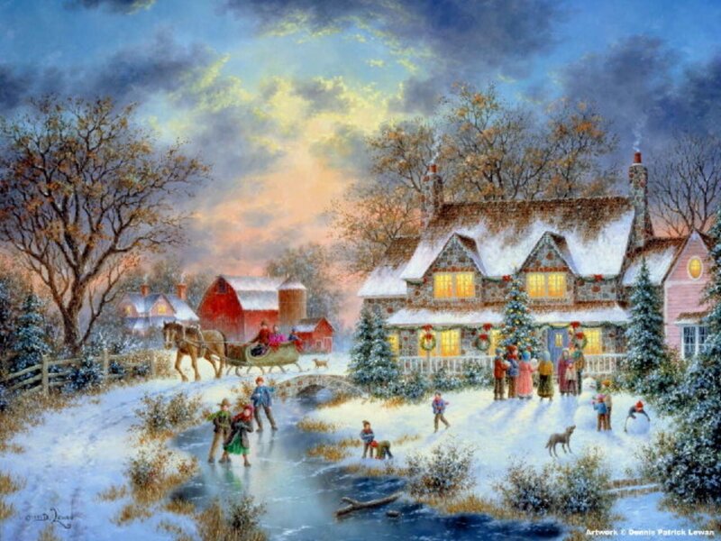 Children Playing in Snow — Blue, Festive