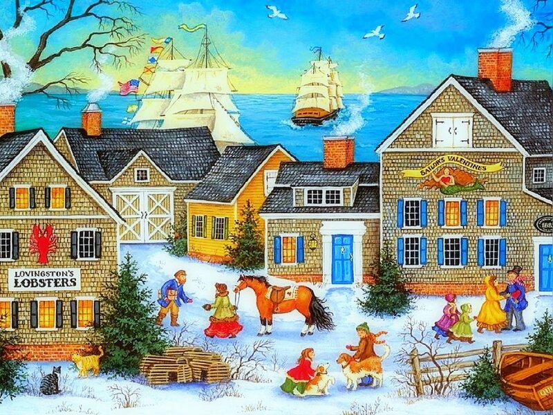 Children Playing in Snow — Blue, Festive, Winter, Illustration, Houses