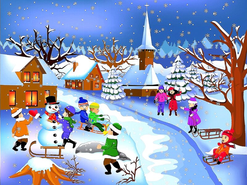 Children Playing in Snow — Blue, Festive, Winter, Illustration, Snowman, Sleds
