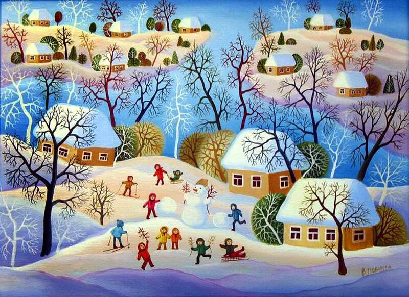 Children Playing in Snow — Blue, Festive, Winter, Illustration