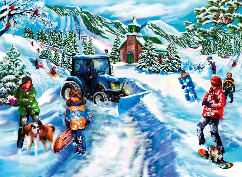 Children Playing in Snow — Blue, Festive, Winter, Illustration, Tractor, Dog