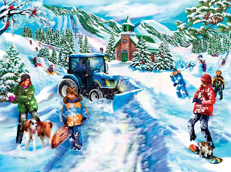 Children Playing in Snow — Blue, Festive, Winter, Illustration, Tractor