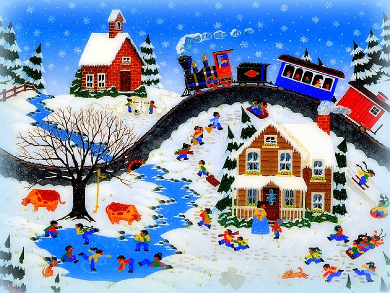 Children Playing in Snow — Blue, Festive, Winter, Illustration, Train