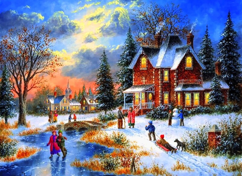Children Playing in Snow — Blue, Peaceful, Winter, Painting, House