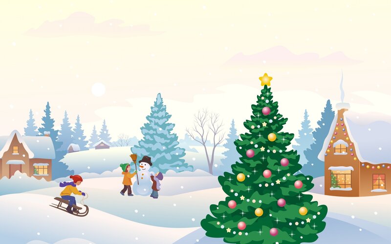 Children Playing in Snow — Green, Festive