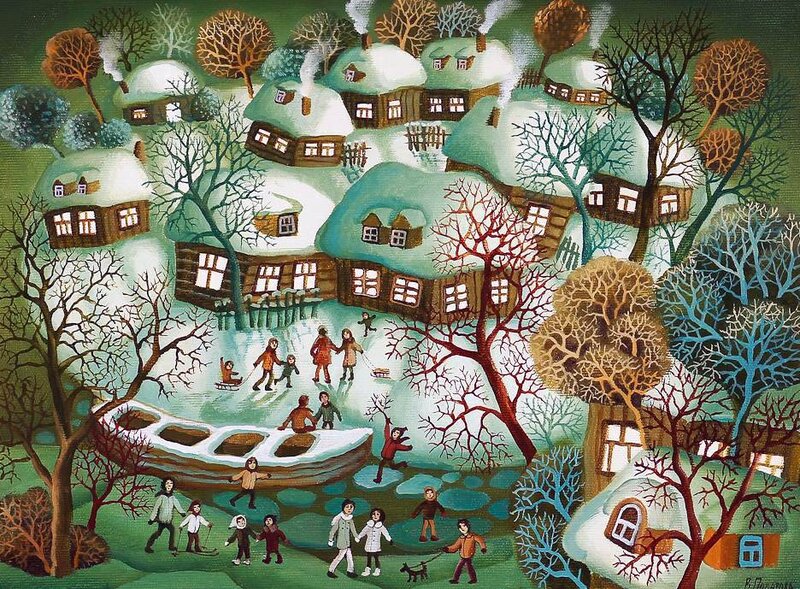 Children Playing in Snow — Green