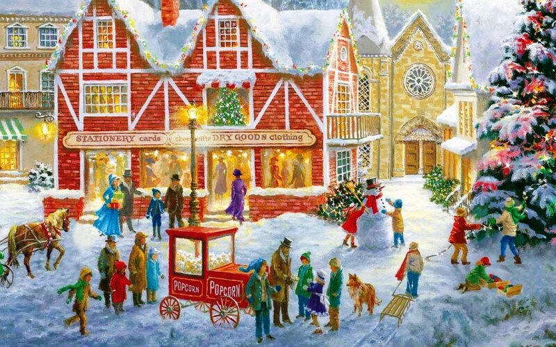Children Playing in Snow — Red, Festive, Winter, Illustration