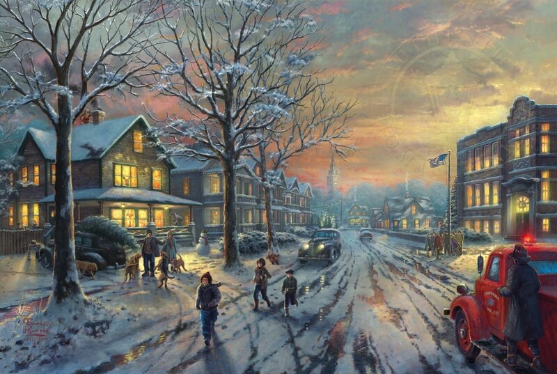 Children Playing in Snow — Red, Festive, Winter, Painting