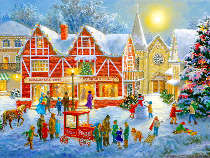 Children Playing in Snow — Red, Festive, Winter