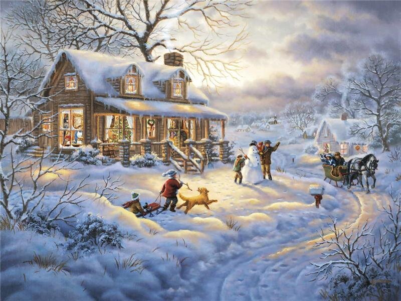 Children Playing in Snow — White, Festive