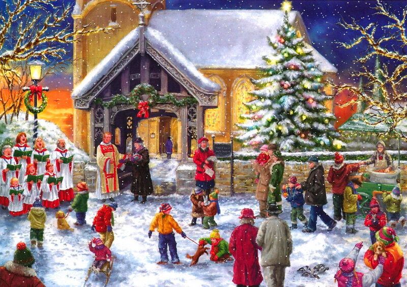 Children Playing in Snow — White, Festive, Winter, Illustration, Church