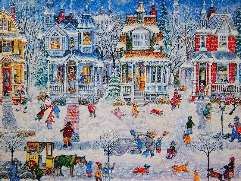 Children Playing in Snow — White, Festive, Winter, Illustration