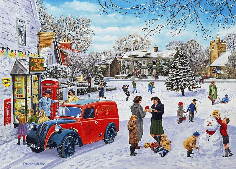 Children Playing in Snow — White, Festive, Winter, Painting, Snowman