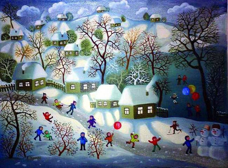 Children Playing in Snow — White, Festive, Winter