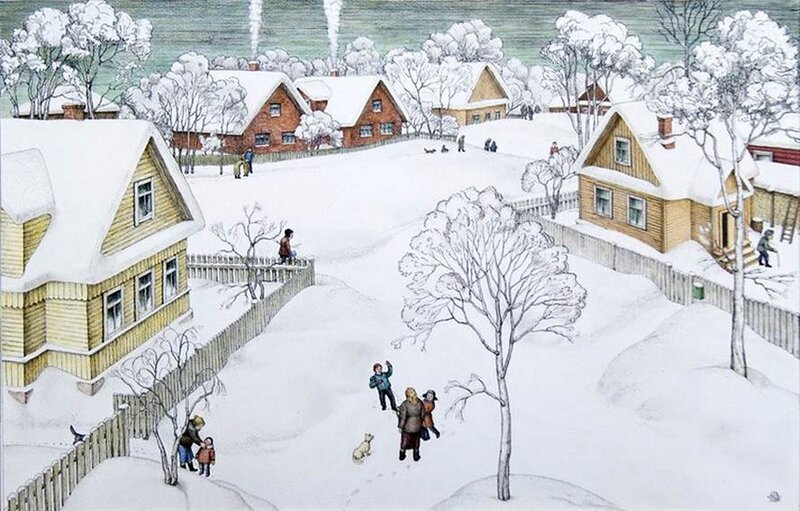 Children Playing in Snow — White, Peaceful, Winter, Illustration