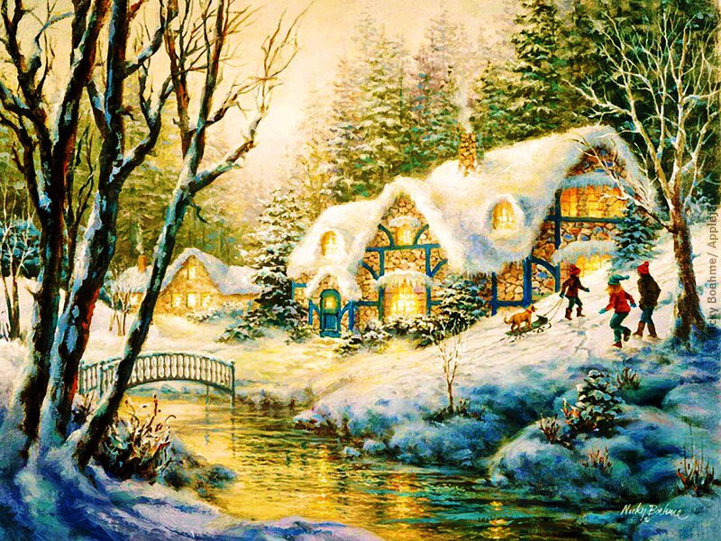 Children Playing in Snow — White, Peaceful, Winter, Painting, Cottage
