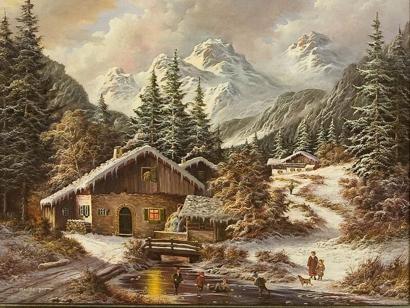 Children Playing in Snow — White, Peaceful, Winter, Painting, Mountains