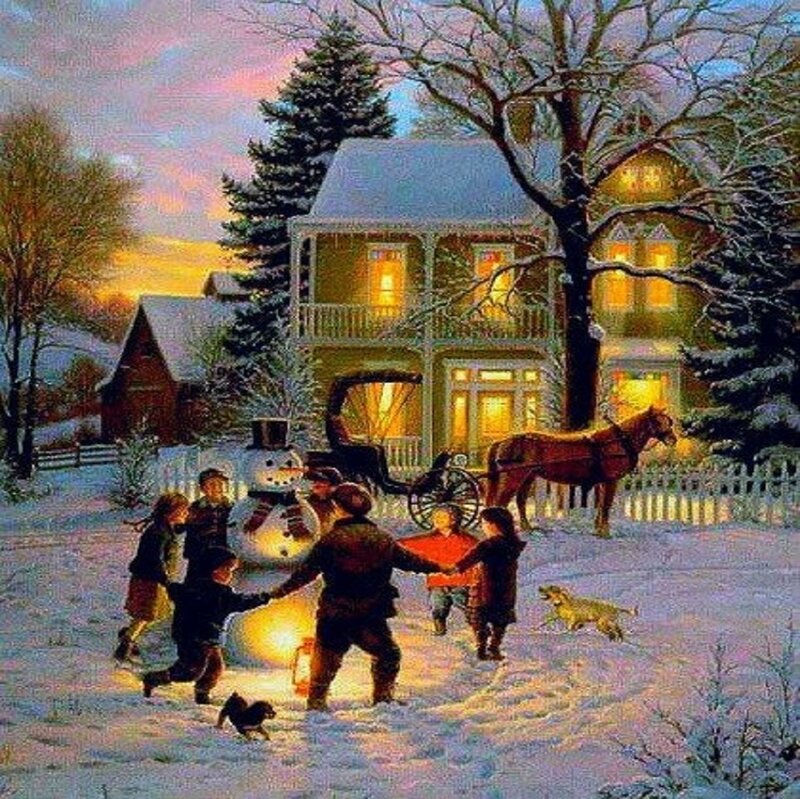 Children Playing in Snow — White, Peaceful, Winter, Painting, Snowman